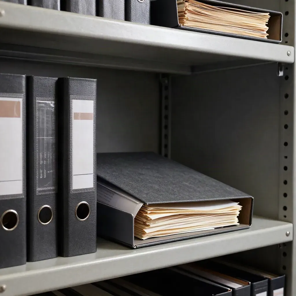 Archive shelf with binders and trays, one compliance file mid-transfer in a dark vault.