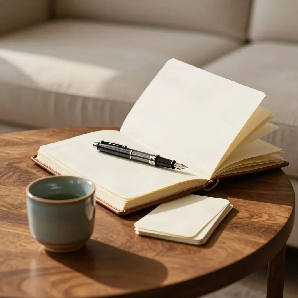 Leather notebook, fountain pen, index cards and ceramic cup on a warm side table in soft window light.