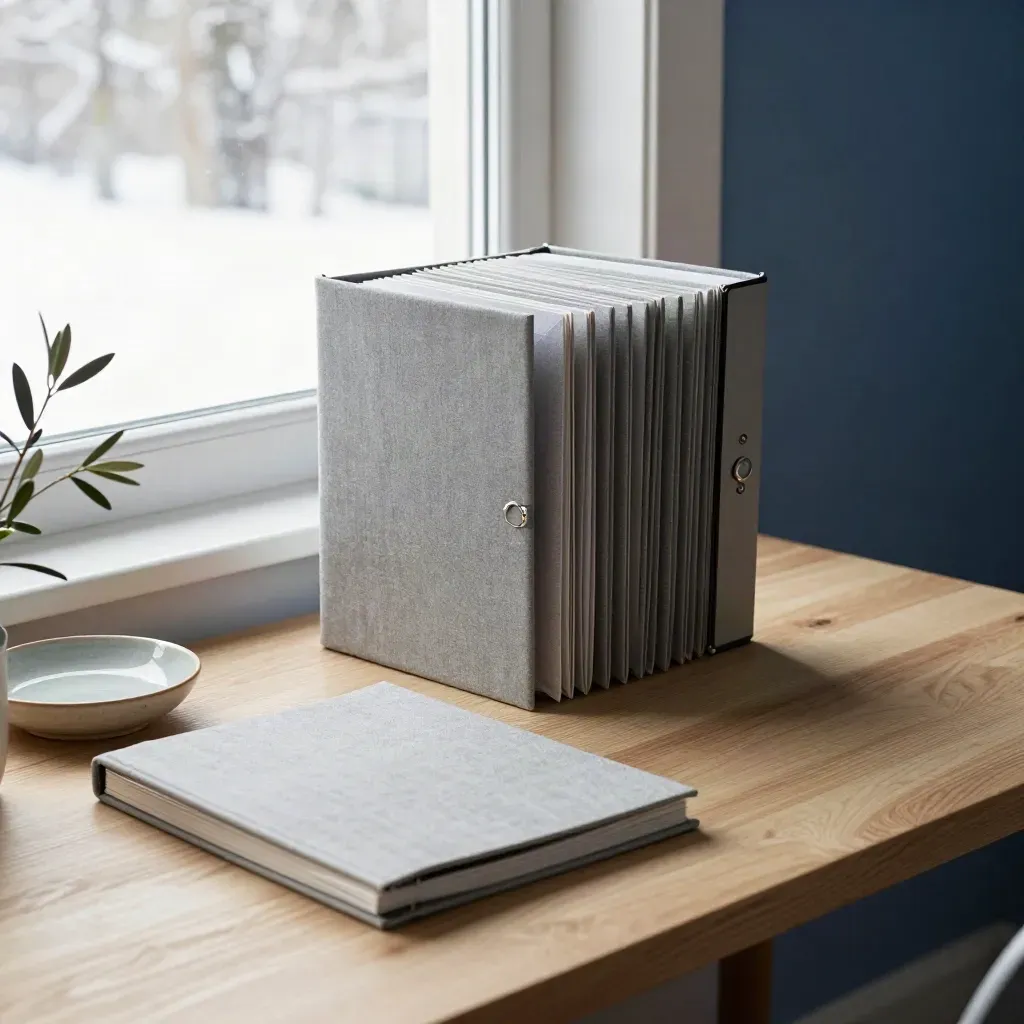 Accordion folder, closed binder, ceramic dish and small plant in a blue-hour sunroom office corner.