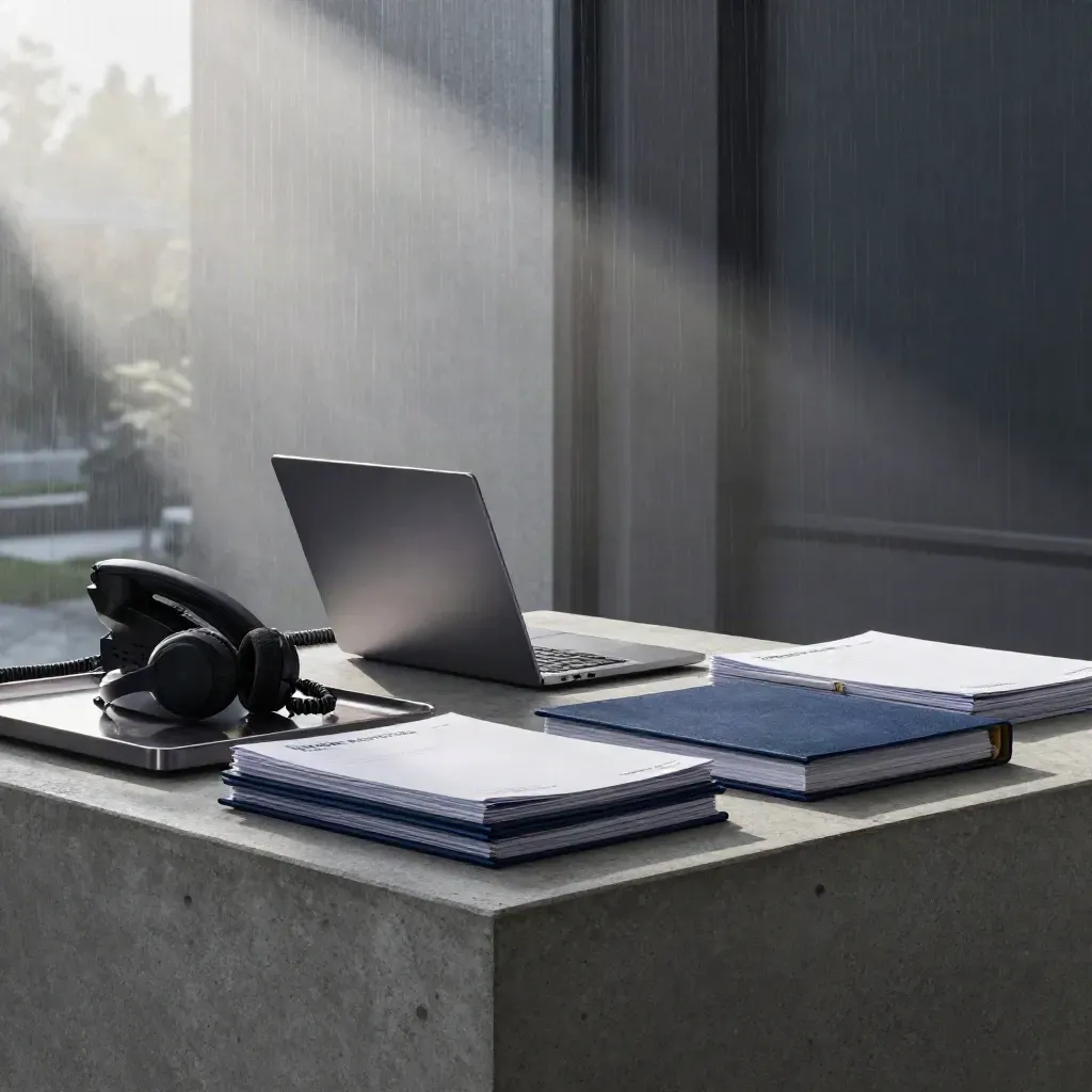 Dawn broker command desk with laptop, headset, phone, and client folders in rain haze.