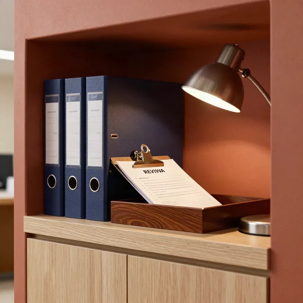 Low-angle shelf of compliance binders, clips, sealed packet and lamp in a warm brokerage office