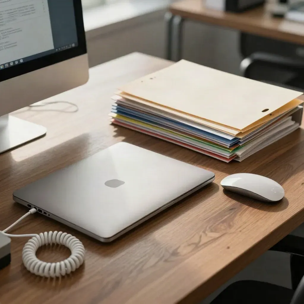 High-angle desk corner with closed laptop, mouse, cable coil, and color tabs in a broker workstation.