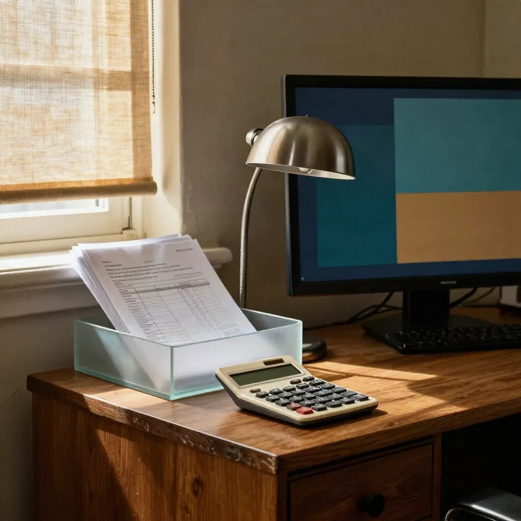 Brokerage reporting nook with calculator, frosted trays, and a turned monitor glowing softly.