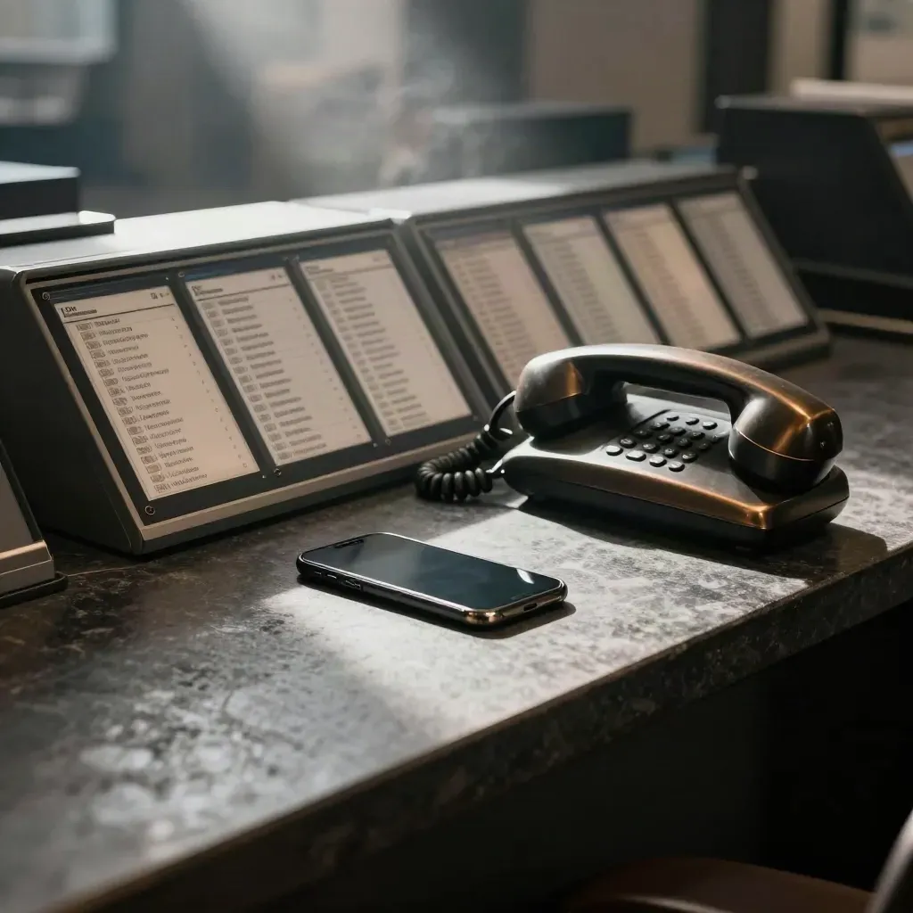 Brokerage counter with smartphone, handset and inbox trays in cool hazy light