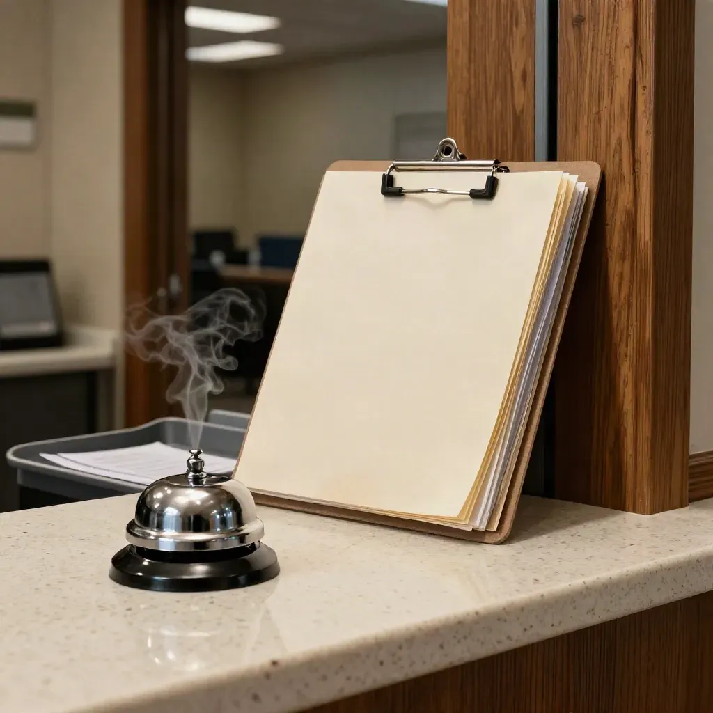 Silver desk bell and intake folders on a travertine counter, with steam and a doorway behind.