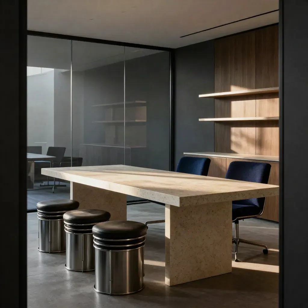 Travertine strategy table and stacked stools in a glass-walled broker lounge at daybreak