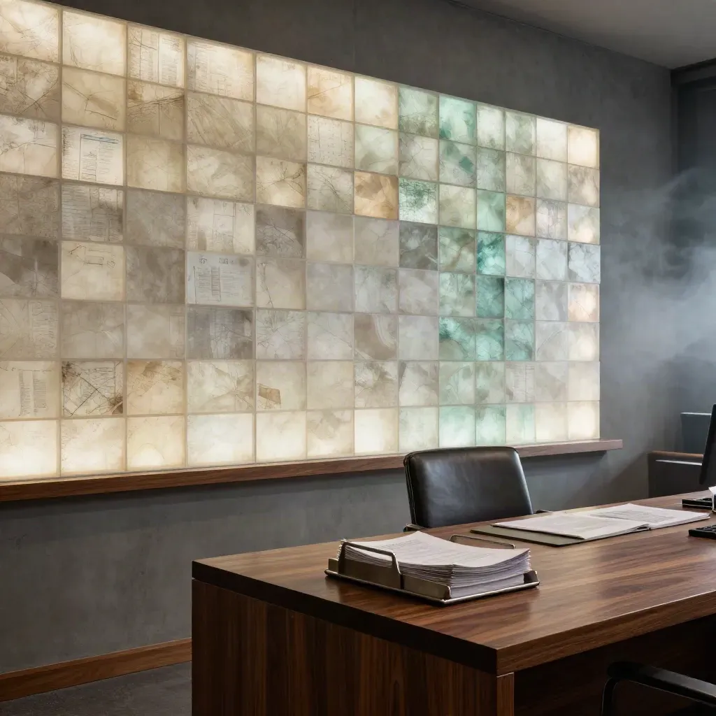 Brokerage office with glowing abstract wall blocks, chair, and paper tray beside a dark desk.