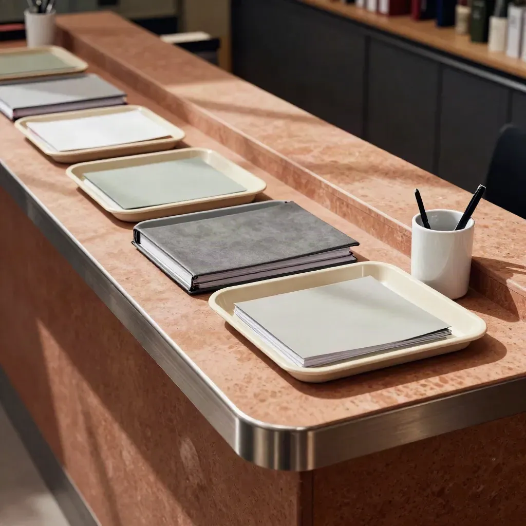 High-angle brokerage ops counter with trays, a closed binder, and a white pen cup mid-clear.