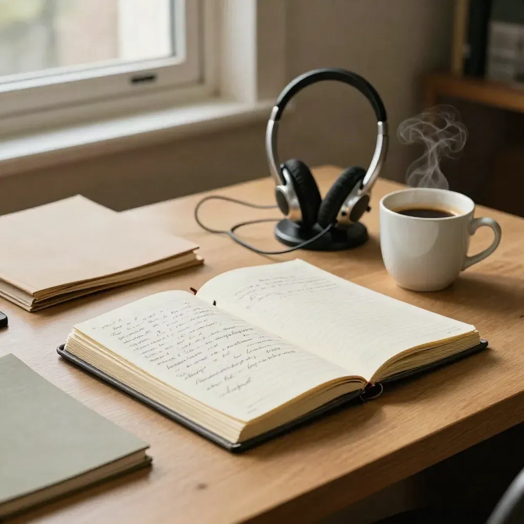 Open notebook, headset stand, and steaming coffee cup on a pale wood table in warm light.