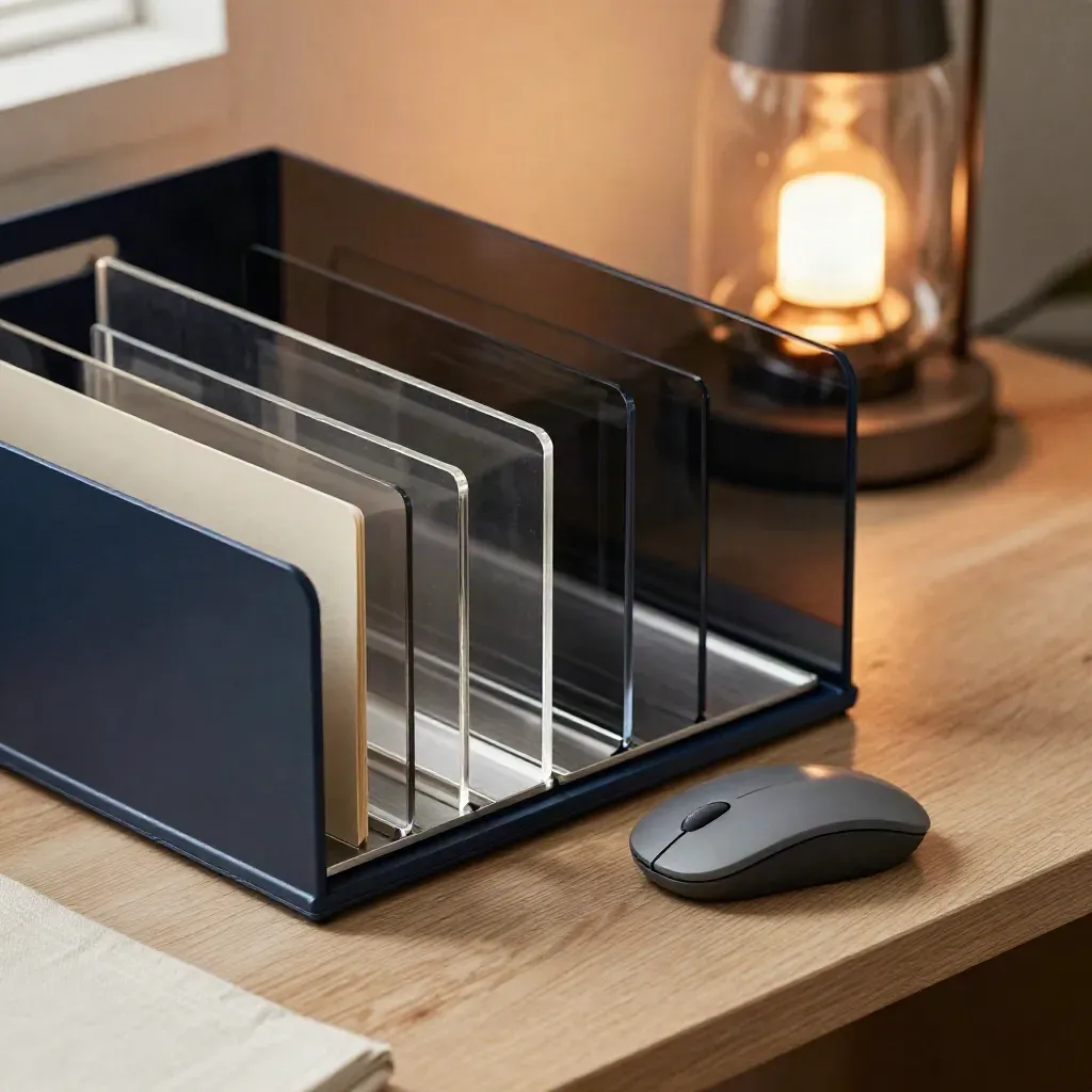 Macro of navy CRM trays, mouse, and lamp reflection on smoked glass in a broker workspace