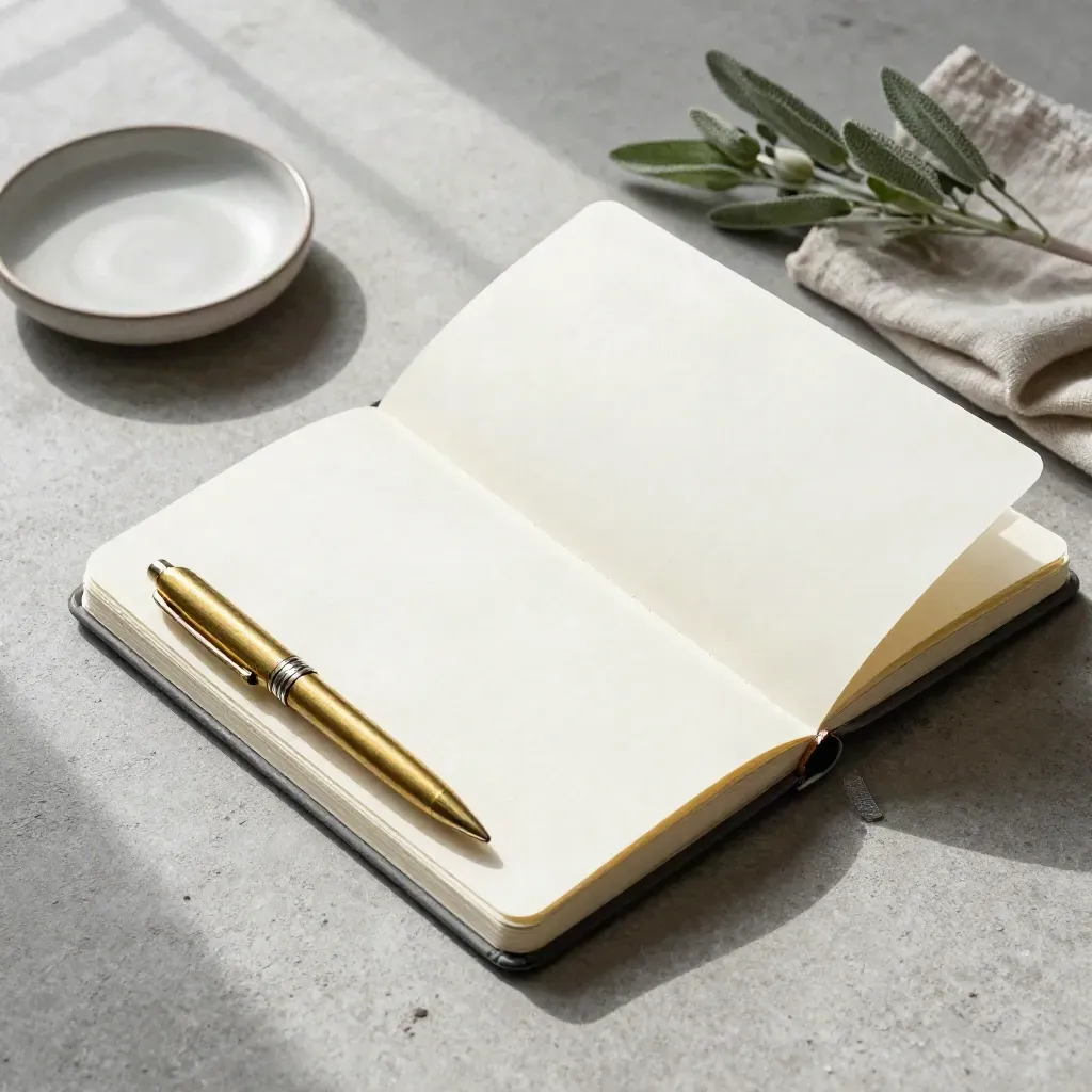Overhead flatlay of a pocket notebook, brass pen, linen, dish, and small plant on concrete.