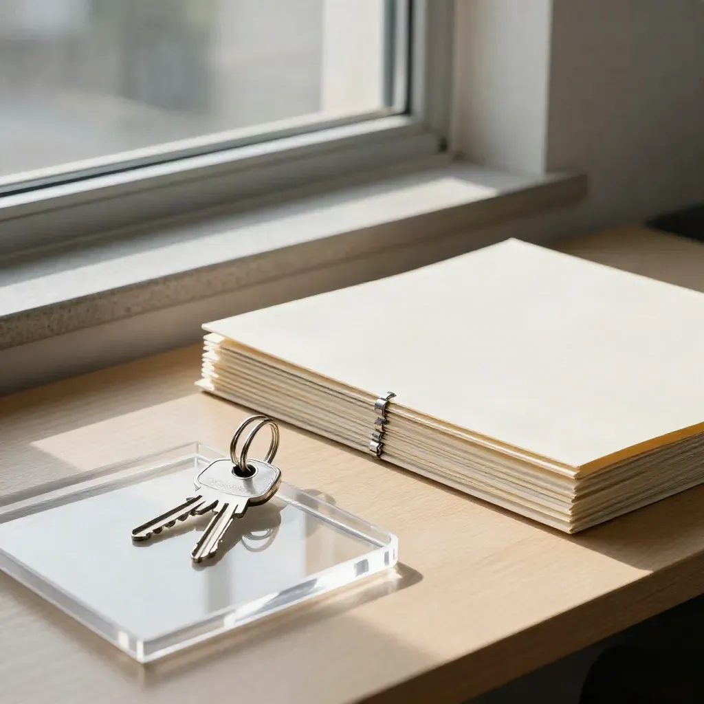 Lending office corner with keys, folder stack, and drafting table by a bright window.