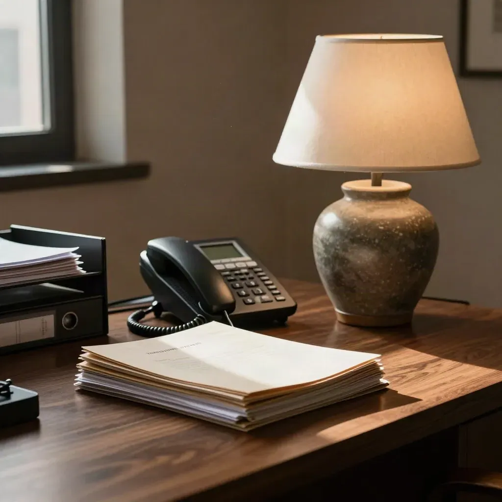 Quiet insurance office desk with phone, folders and a stone lamp in warm late-afternoon light.