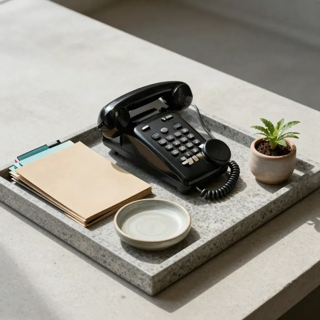 Vintage handset, two folders, ceramic dish, and small plant on a stone tray
