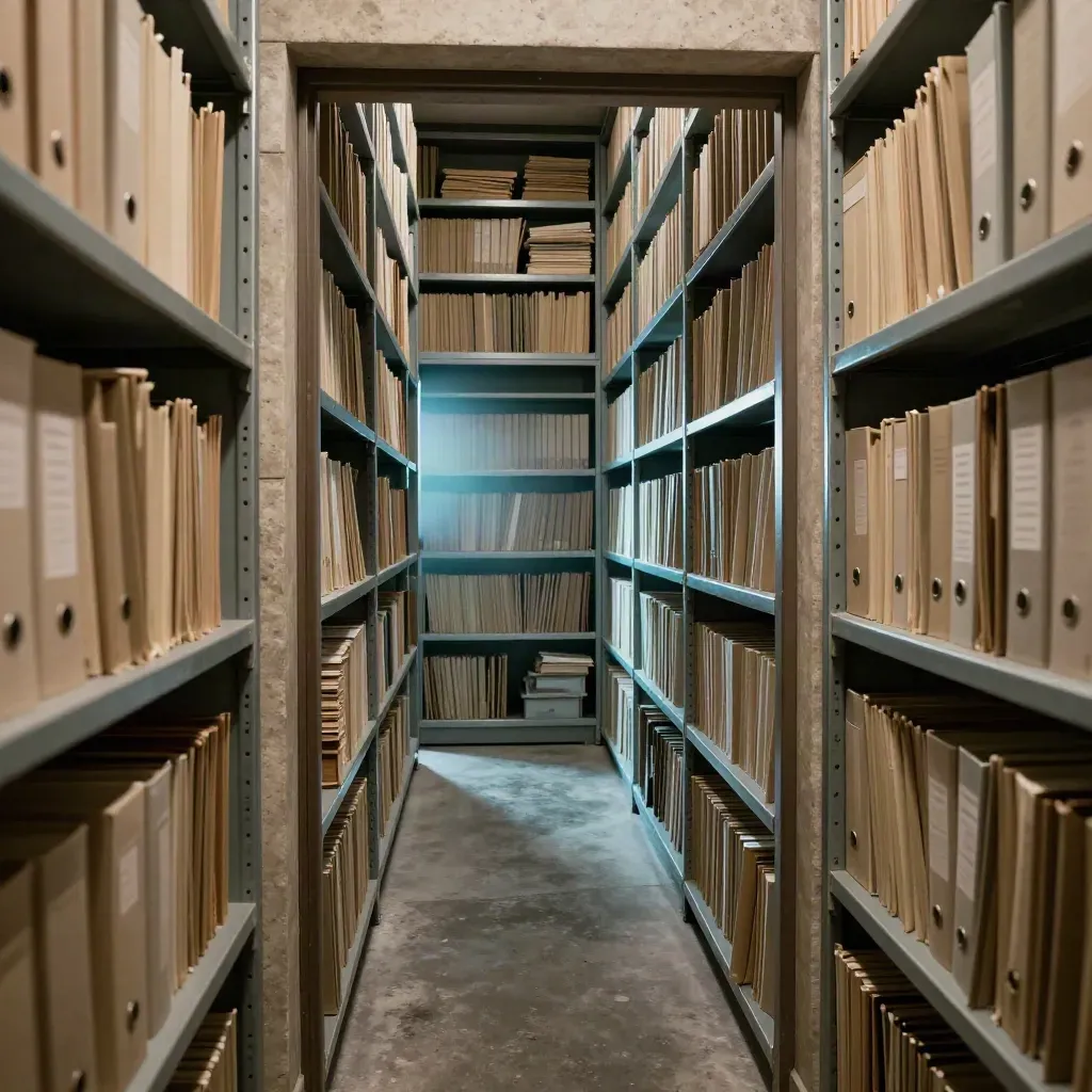 Dim archive aisle with open shelving, folder stacks, and a teal-lit gap at the back.