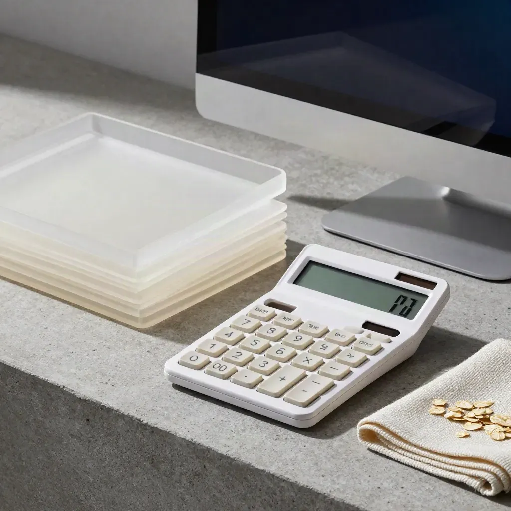 Calculator and acrylic trays on stone with a folded cloth and dark monitor reflection.