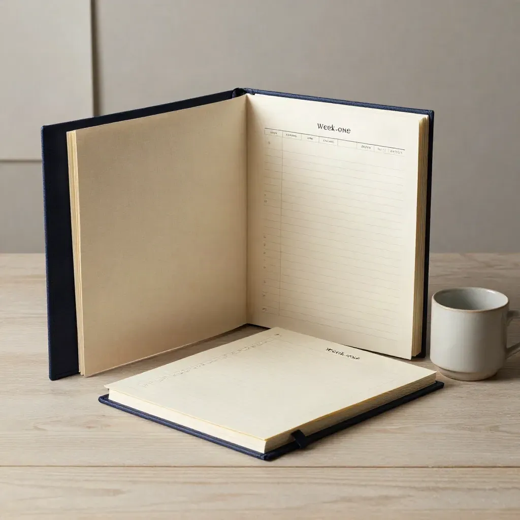 Accordion folder, binder, checklist pad and ceramic cup on pale wood in soft window light