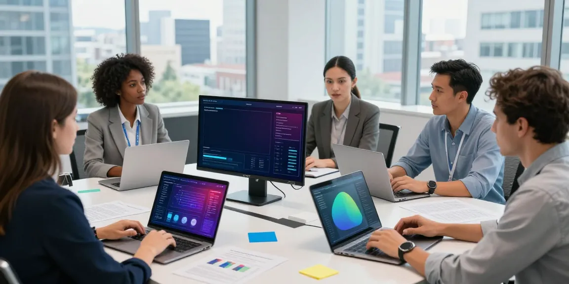 Team collaborating on insurance technology news in a modern meeting room.
