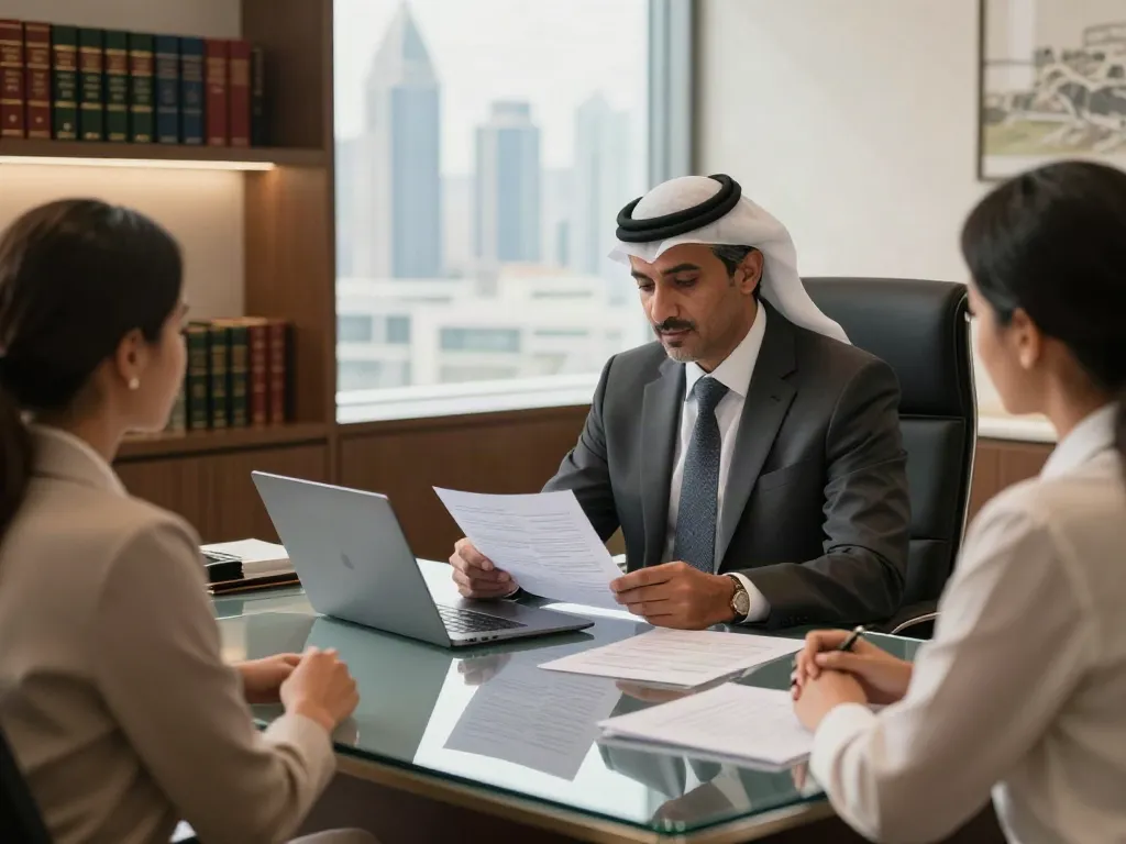 Property Lawyer Dubai Real Estate Dispute Lawyer consulting clients in a modern office