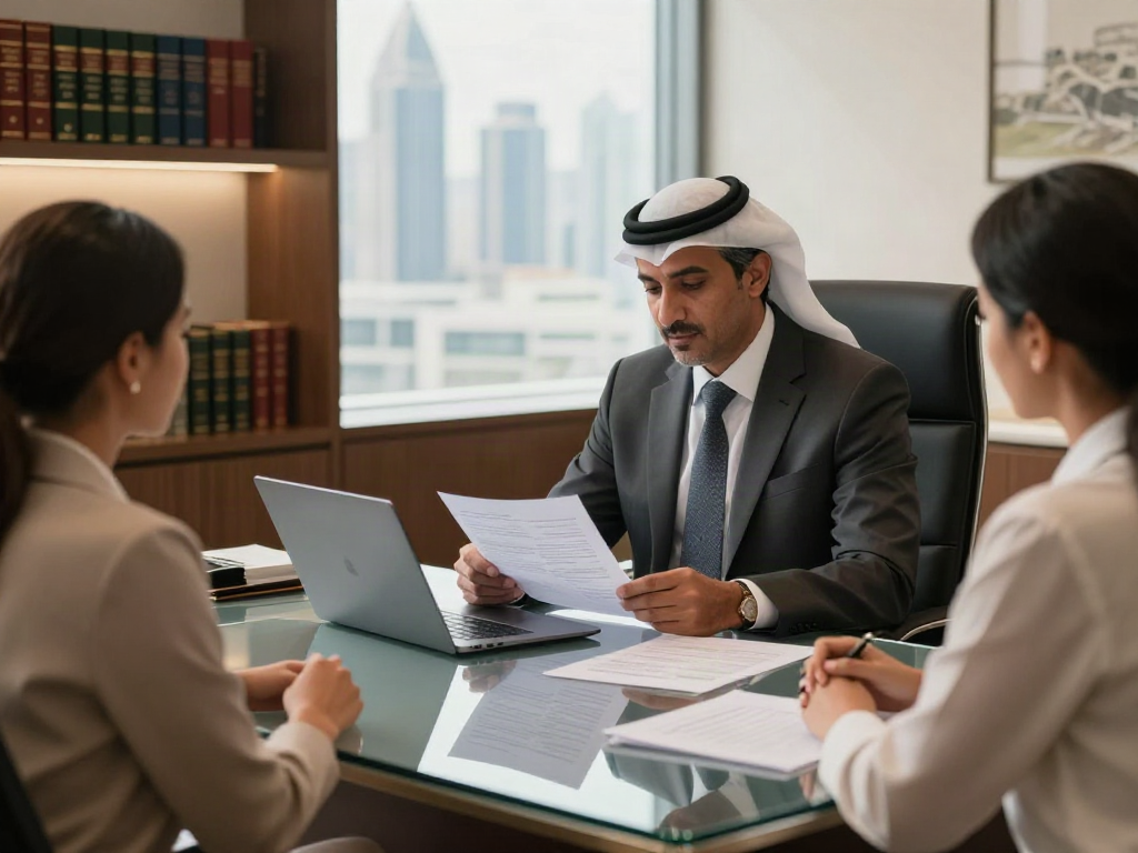 Property Lawyer Dubai Real Estate Dispute Lawyer consulting clients in a modern office