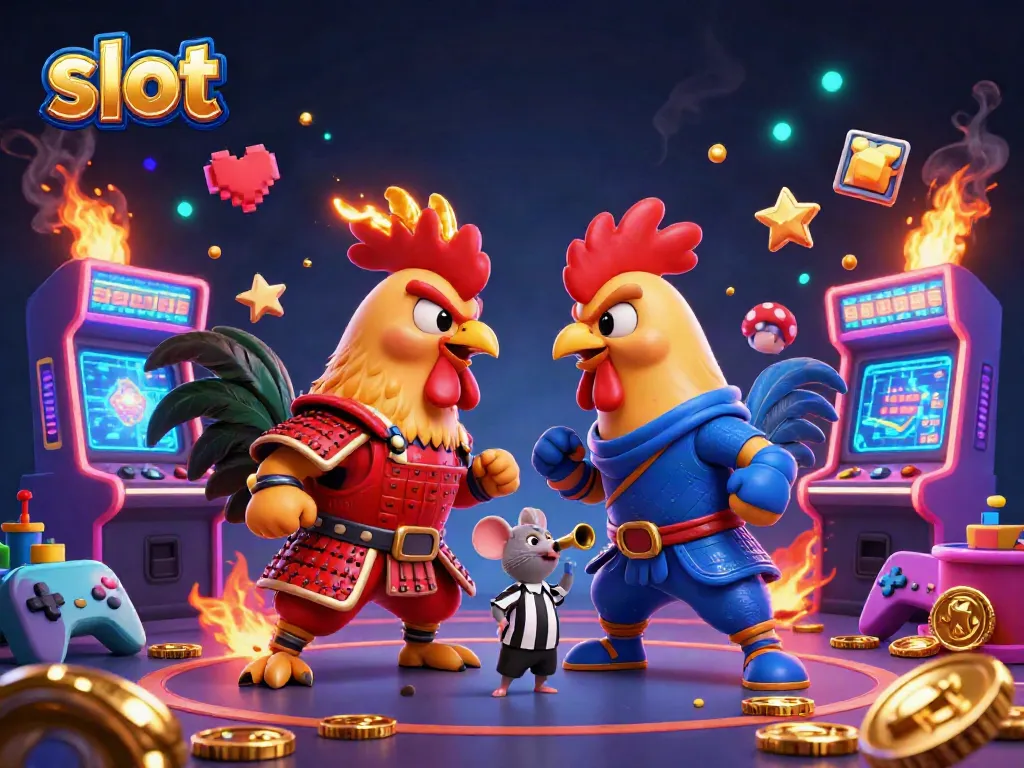 Engage with dynamic slot gaming action featuring roosters in a dramatic standoff amidst colorful casino elements.