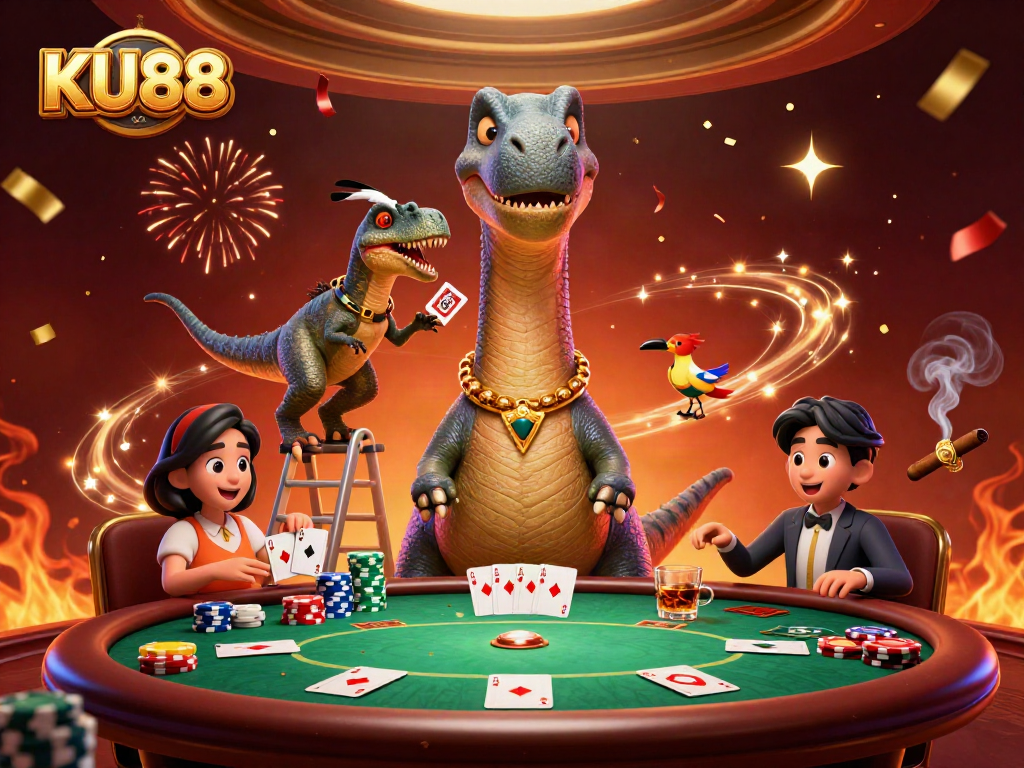 KU88 engages players with a vibrant scene of a cartoon dinosaur at a poker table.