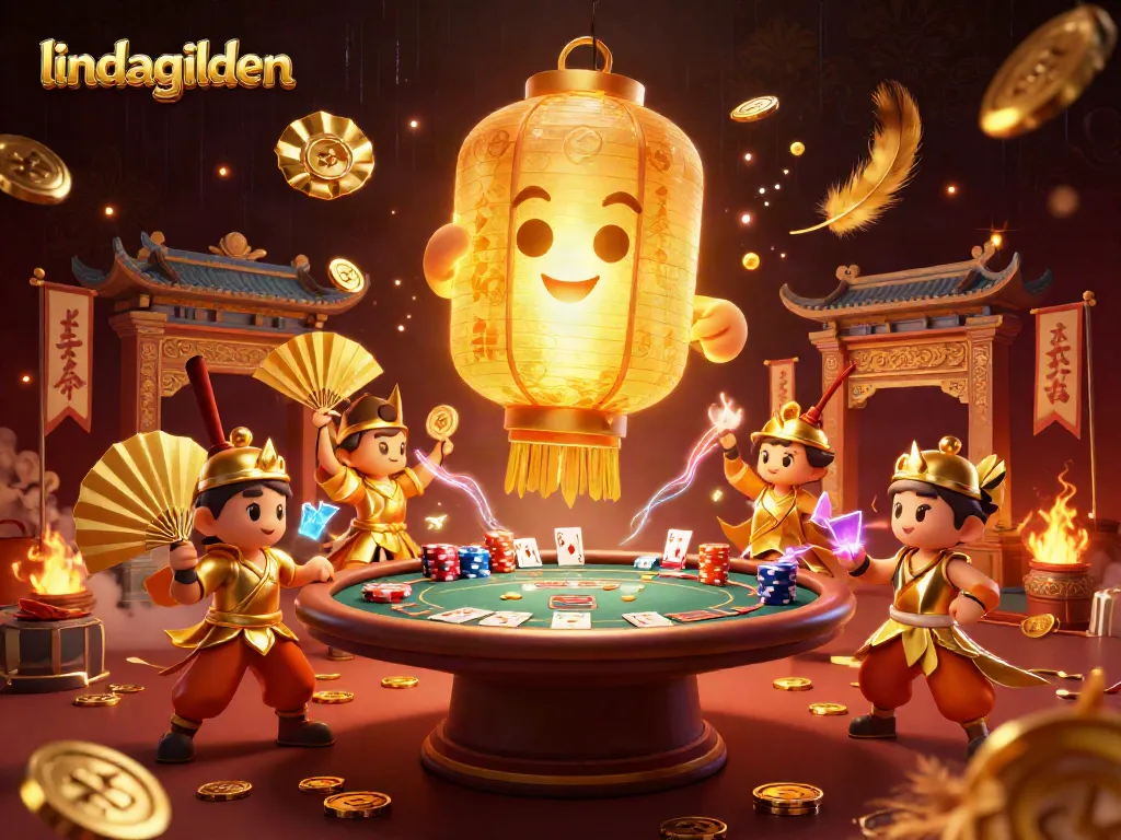Engage with lindagilden's vibrant poker scene featuring golden spirits and cards.