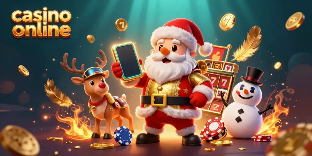 Play casino online with our fun cartoon Santa, reindeer dealer, and poker-themed snowman illustration.