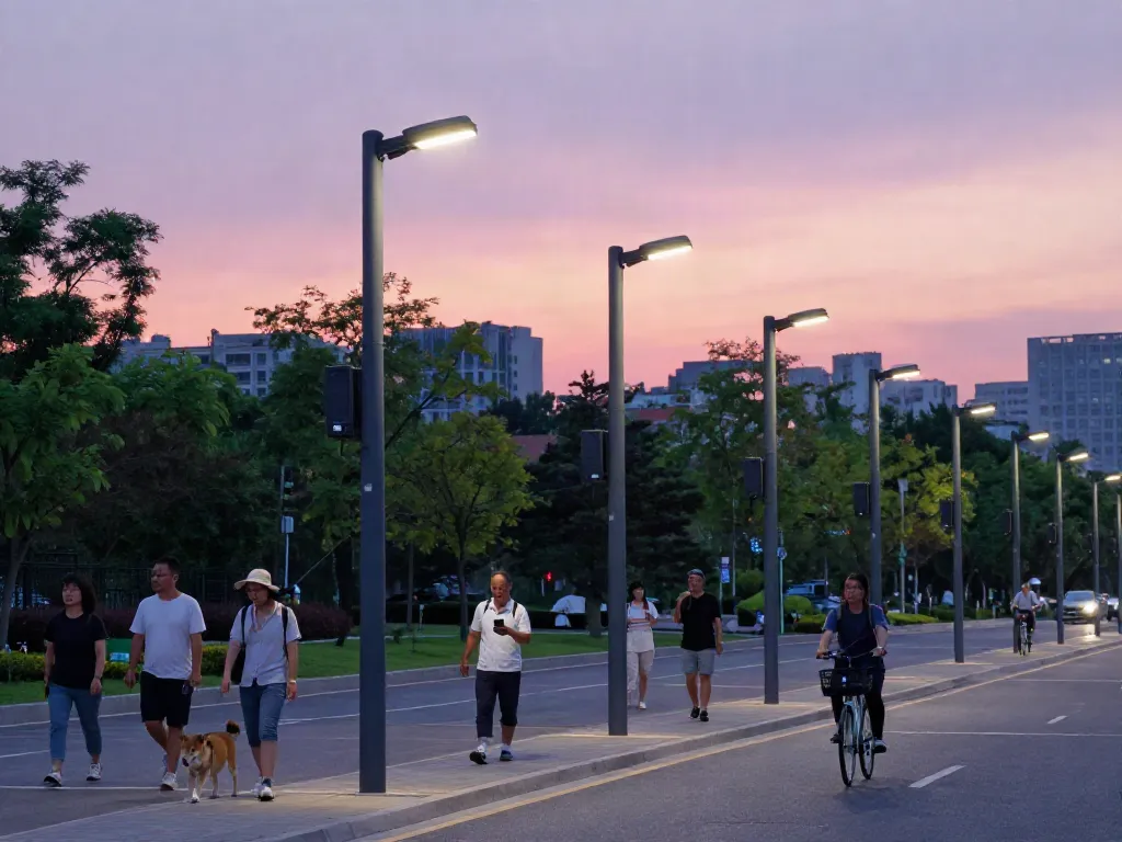Smart light poles illuminating a city street with pedestrians, enhancing urban safety and energy efficiency.