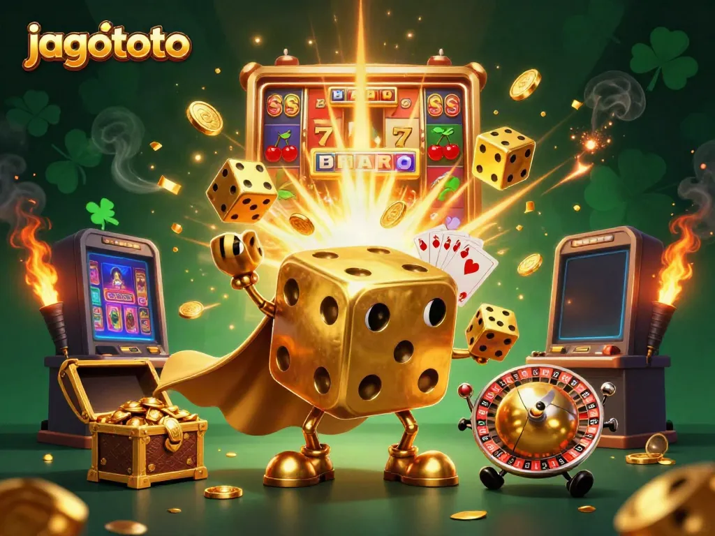 Menangkan judi di jagototo dengan ilustrasi menarik dari dadu emas dan mesin slot yang meluap.