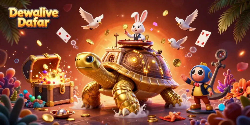 Experience the excitement of Dewalive Daftar with a vibrant casino scene featuring a golden tortoise and rabbit dealer.