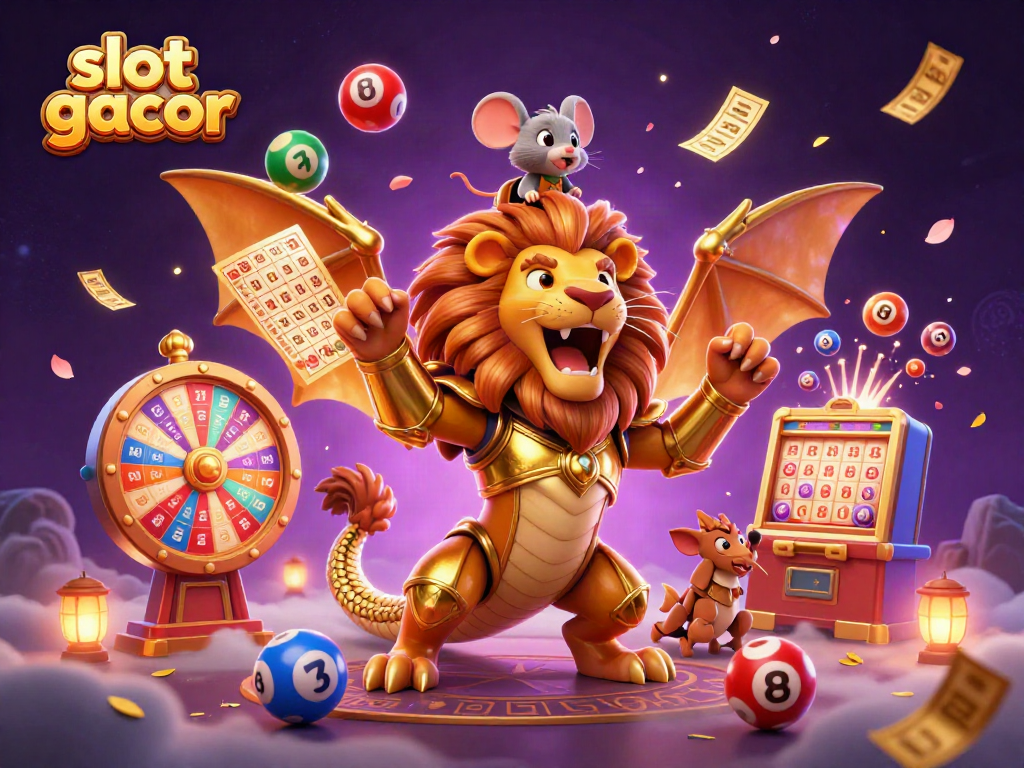 Engage with slot gacor thrill in a vibrant 3D scene filled with dynamic gambling elements.