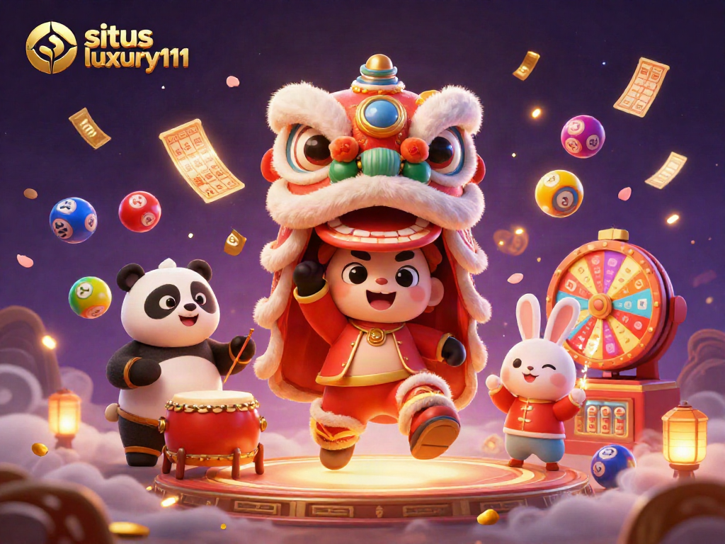 Situs luxury111 offers exhilarating gaming experiences with a vibrant 3D casino scene featuring engaging characters.