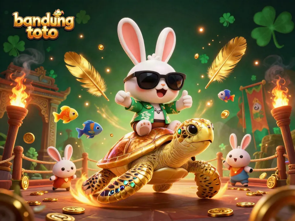 Engaging scene of bandung toto with a lucky rabbit and golden turtle in a vibrant casino atmosphere.