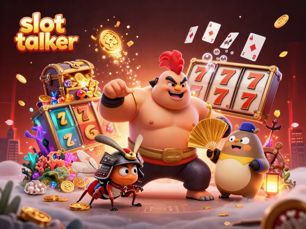 Engage with slot talker in this dynamic 3D scene featuring cartoon characters surrounded by colorful slot elements and jackpot treasure.