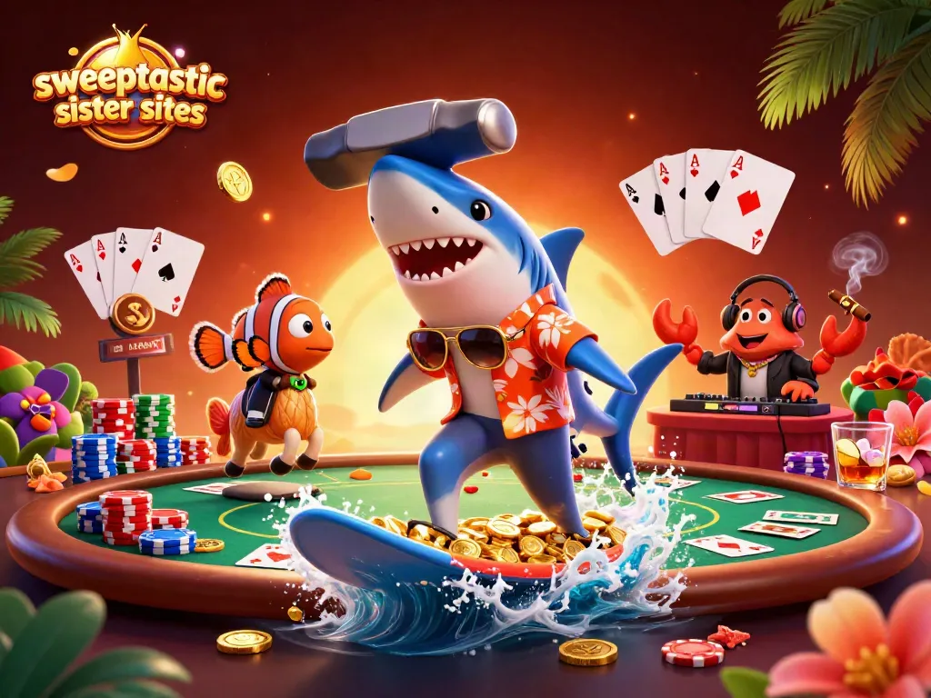 Sweeptastic sister sites illustration featuring vibrant characters enjoying casino gaming with gold coins and poker elements.