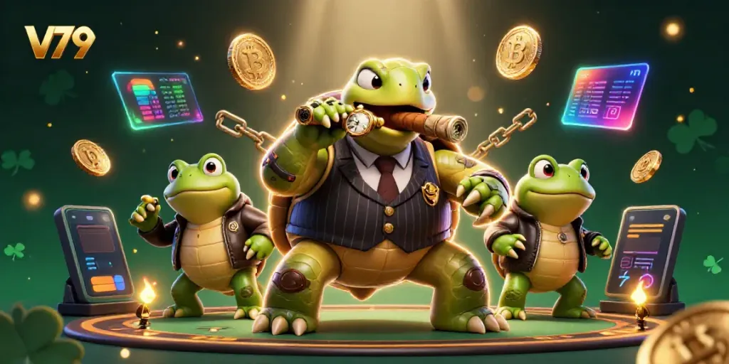 Experience V79's exciting online casino atmosphere with a lively illustration of iconic characters and cryptocurrencies.