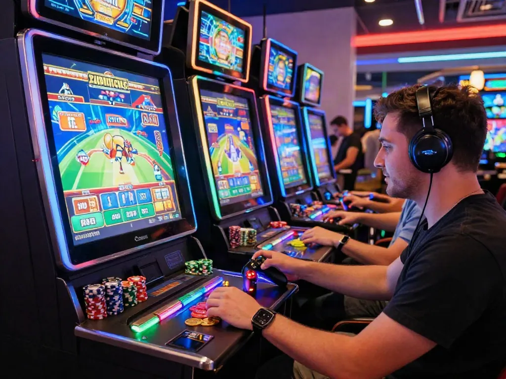 Engaged player at a psgslot gaming machine in a vibrant casino atmosphere
