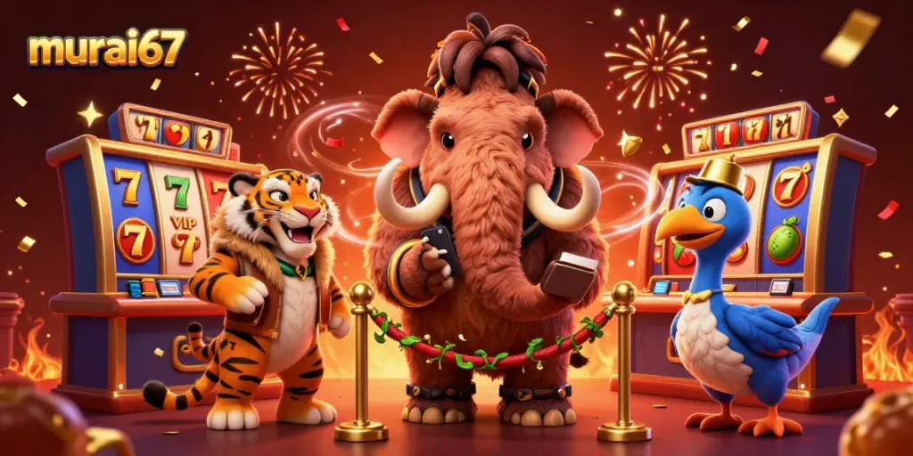 Experience murai67's vibrant casino scene with a mammoth bouncer, saber-tooth guest, and dynamic slot elements.