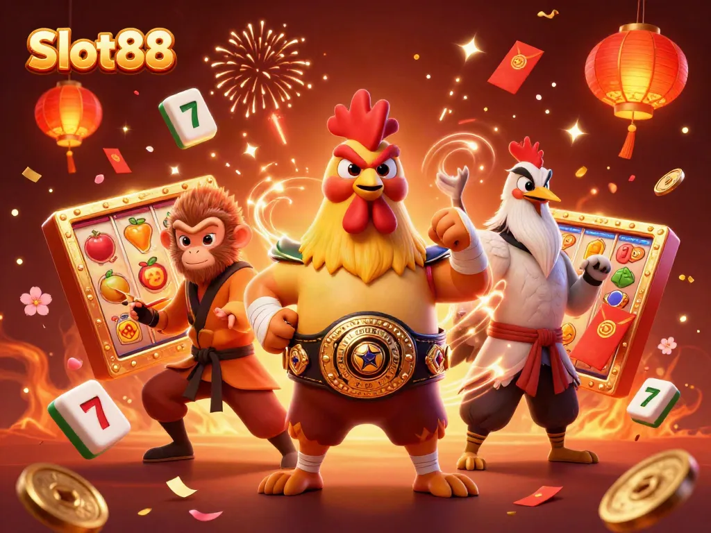 Energetic scene showcasing Slot88 with vibrant characters and casino elements celebrating a jackpot.