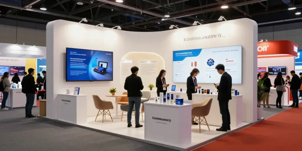 Exhibition display stands showcasing vibrant, engaging designs at a trade show attracting visitors.