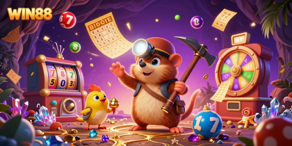 Winning with WIN88: A vibrant treasure hunt scene featuring a mole and canary amidst a colorful casino environment.