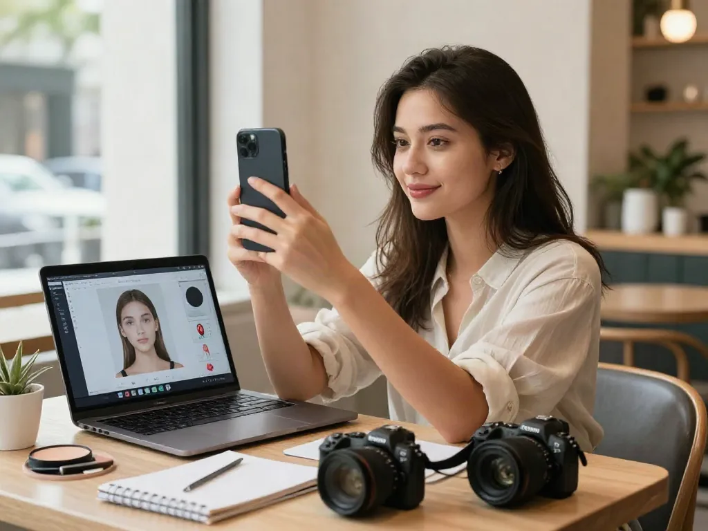 Young woman exploring alternatives to QOVES while analyzing beauty apps in a café.