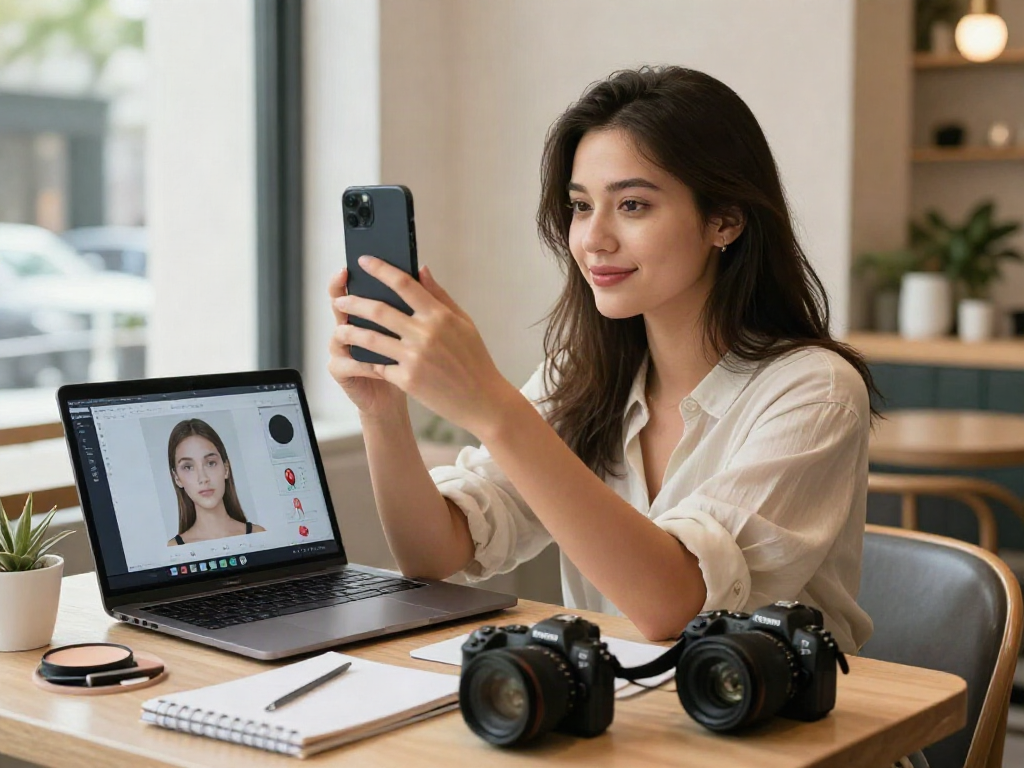 Young woman exploring alternatives to QOVES while analyzing beauty apps in a café.