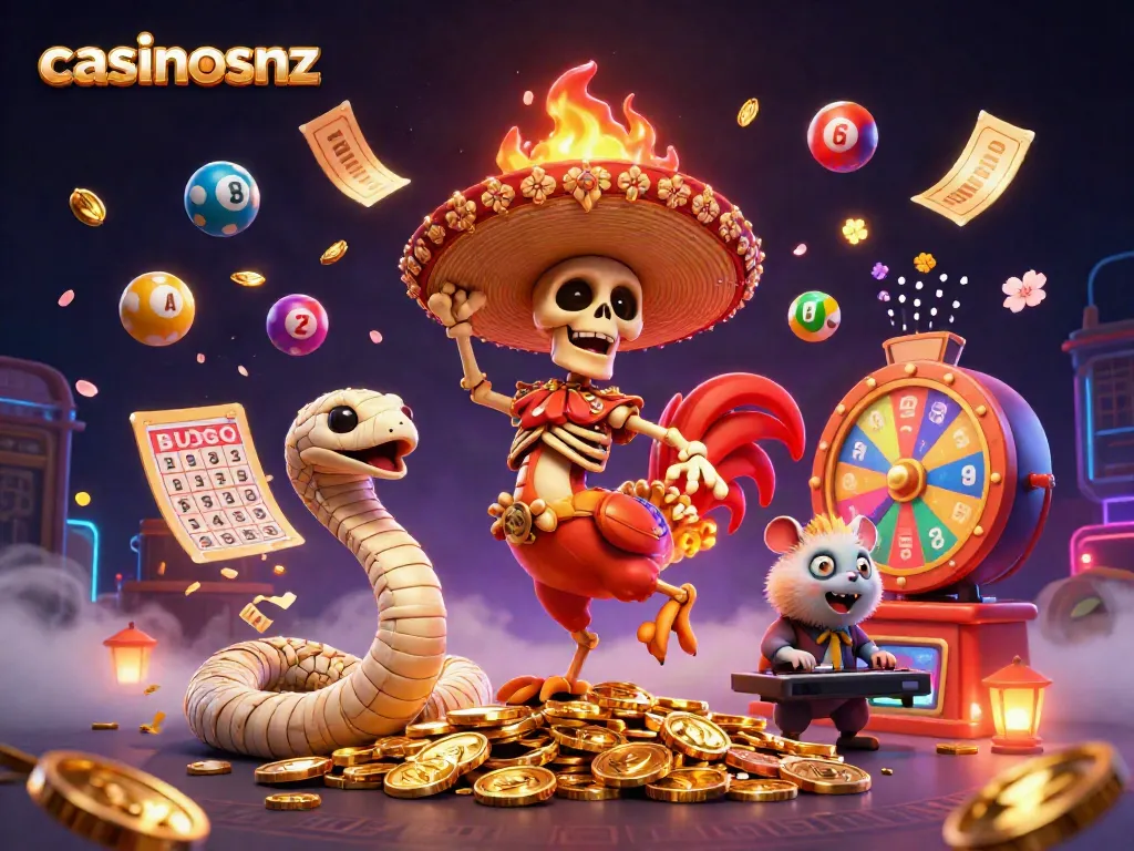 Experience the thrill of casinosnz with vibrant characters and engaging games in a dynamic 3D illustration.