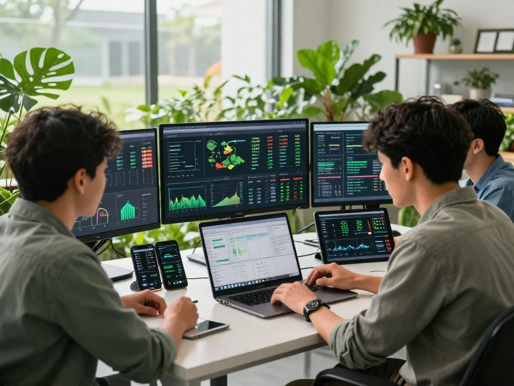 Developers working on agriculture WebSocket stream API, analyzing real-time data metrics in a tech workspace with live trends.