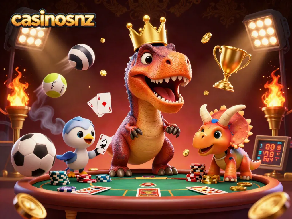 Play engaging blackjack with casinosnz featuring dynamic characters, chips, and cards in a vibrant scene.