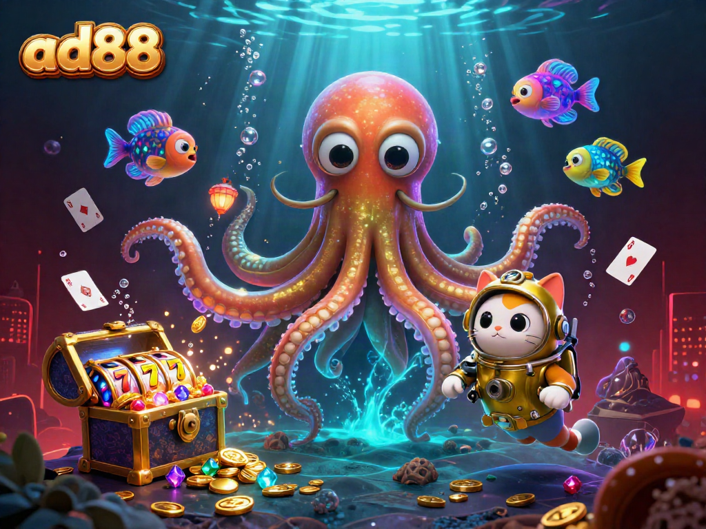 Join the adventure at ad88 with a vibrant casino-themed underwater scene featuring a kraken and diving cat.