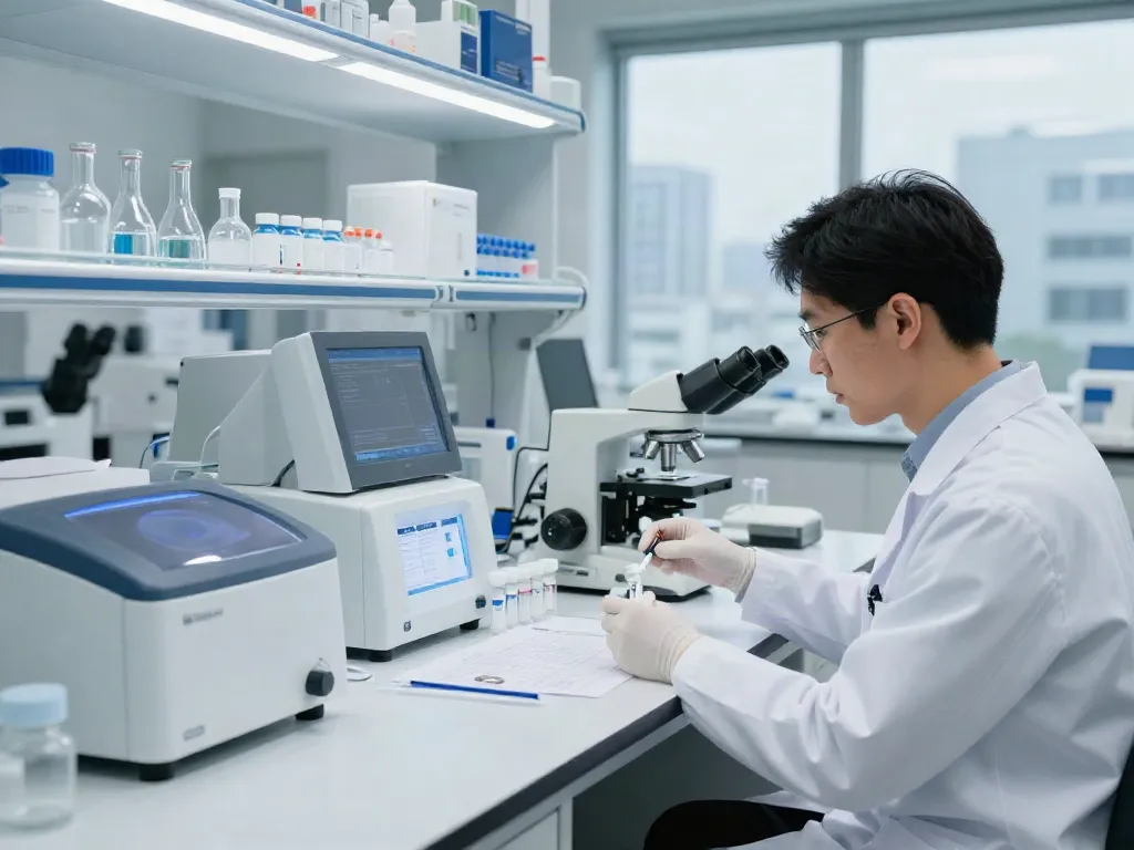 Researcher examining Semax peptide in a modern lab environment, showcasing scientific innovation.