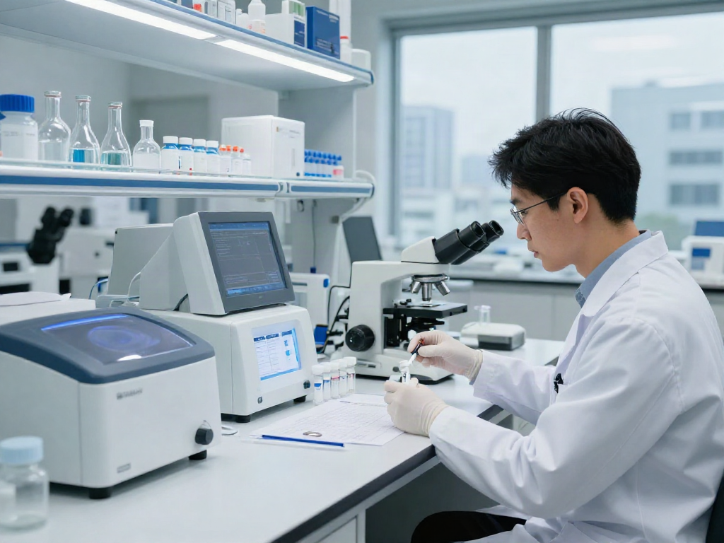 Researcher examining Semax peptide in a modern lab environment, showcasing scientific innovation.